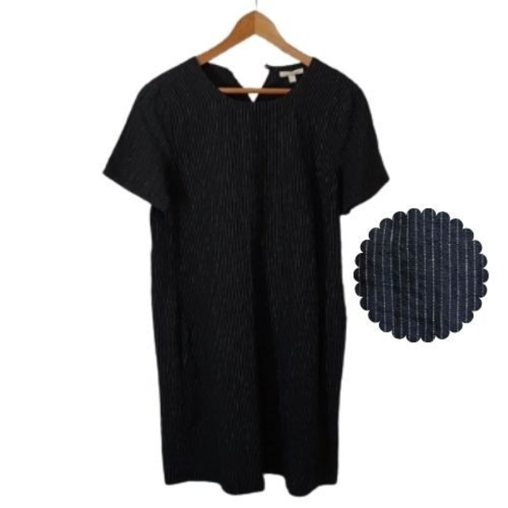 Eileen Fisher Organic Linen Pinstripe Shift Dress S Black Pockets Lagenlook Chic